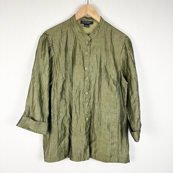 Citron Crinkled Textured Linen Button Down Blouse Top Large Lagenlook EUC - Picture 1 of 4